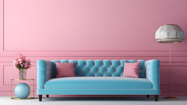 Soggiorno interno moderno un divano di lusso di colore pastello blu in un modello di pareti rosa