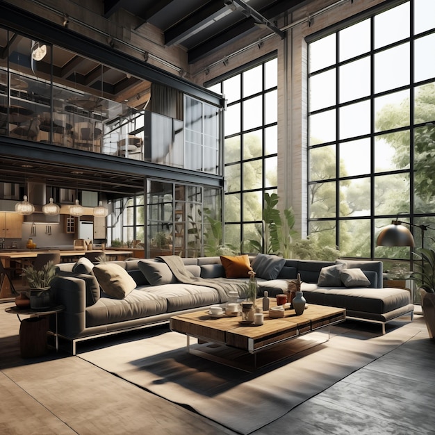 Soggiorno loft in stile industriale