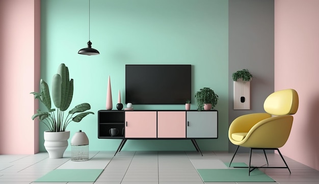 Soggiorno minimale con mobile tv su interni dal design moderno color pastello