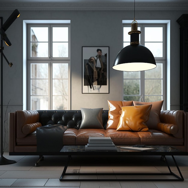 Soggiorno minimale e moderno con divano in pelle e lampada Interior design dello sfondo