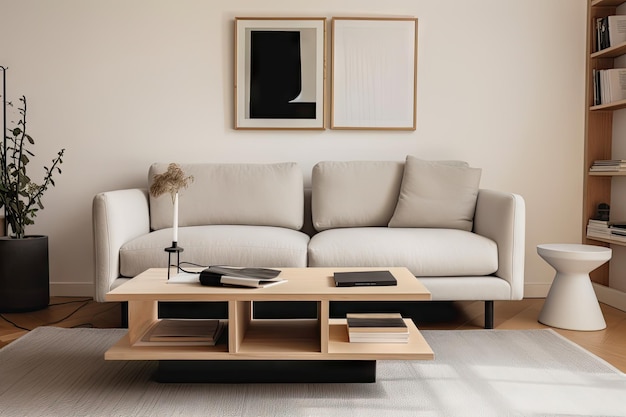 Soggiorno minimalista con accogliente divano semplice tavolino e pila di libri