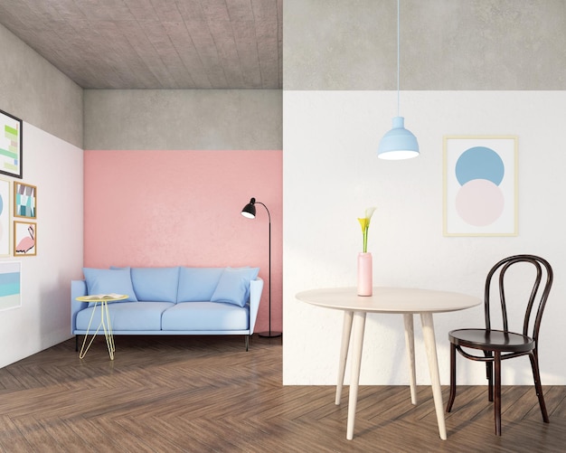 Soggiorno minimalista con divano azzurro e tavolo in legno set muro rosa pastello 3d rendering