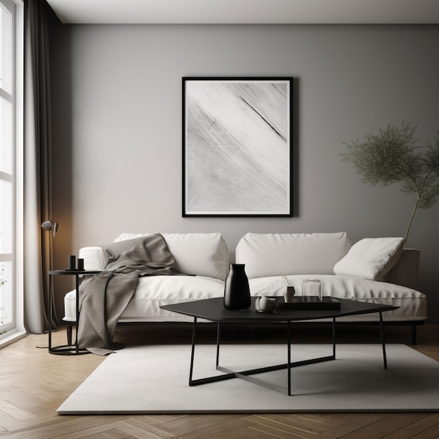 Soggiorno minimalista con divano bianco e tavolino nero