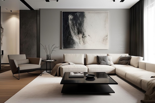 Soggiorno minimalista con elegante divano e tavolino accentuato da opere d'arte alle pareti