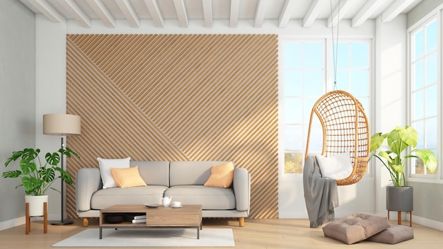 Soggiorno minimalista con parete a doghe in legno e poltrona sospesa per divano e lampada da terra rendering 3d