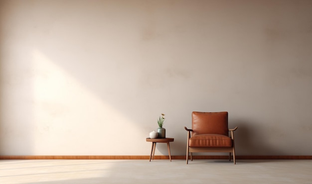 Soggiorno minimalista con sedia in pelle texture beige sullo sfondo del paesaggio