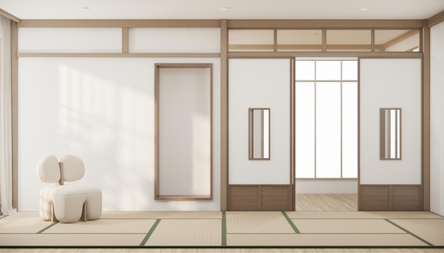 Soggiorno minimalista in stile japandi decorato con divano