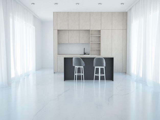 Soggiorno moderno con cucina a vista e pavimento in marmo