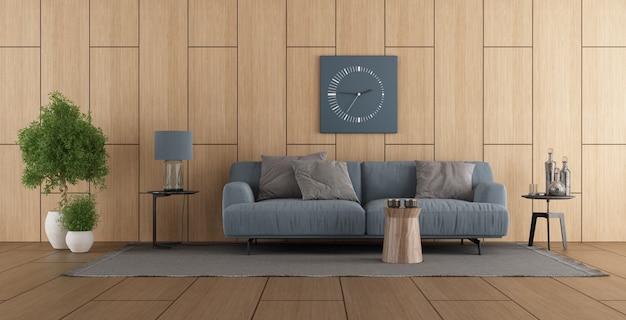 Soggiorno moderno con divano blu contro pannelli in legno-3d rendering