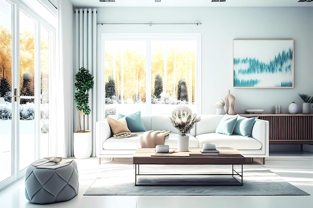 Soggiorno moderno con divano e interni Design ai generativo