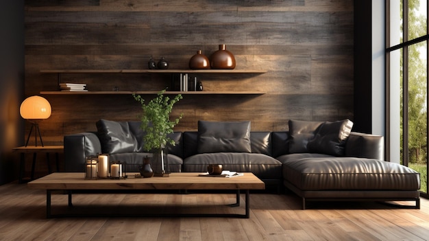 Soggiorno moderno con divano nero sul pavimento in legno