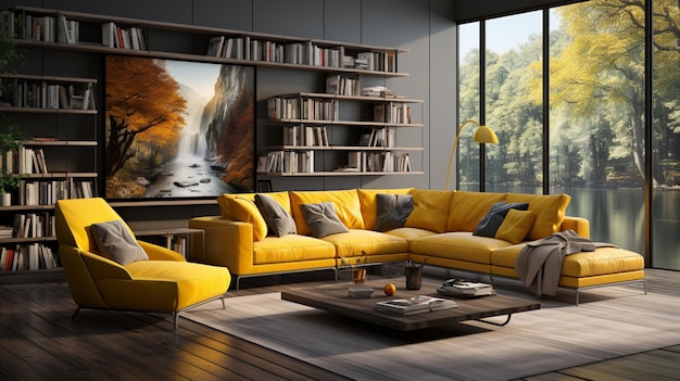Soggiorno moderno con mobili gialli e grigi