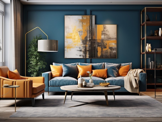 soggiorno moderno con pareti blu in stile cinematografico, illuminazione bianco scuro e ambra chiaro