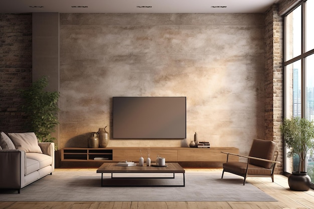 Soggiorno moderno dal design d'interni in stile minimalista con divano e tv
