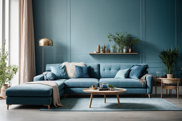 Soggiorno moderno e luminoso, senza nessuno al suo interno, con mobili blu e pareti splendidamente decorate