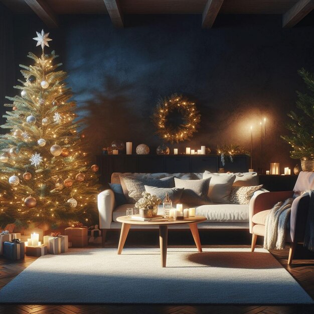 Soggiorno natalizio con albero di Natale splendidamente decorato Immagini di sfondo natalizie