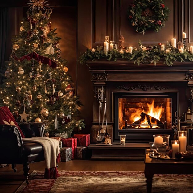 Soggiorno natalizio con camino e albero di natale in stile vintage