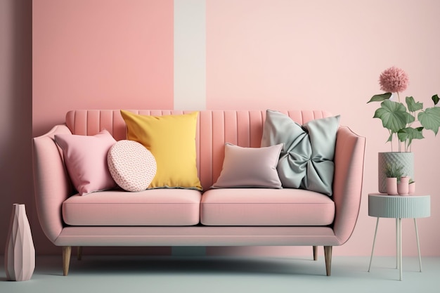 Soggiorno rosa con divano alla moda dal design minimalista in stile idea in toni pastello