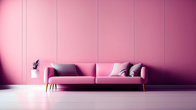 Soggiorno rosa con divano alla moda dal design minimalista in stile idea in toni pastello