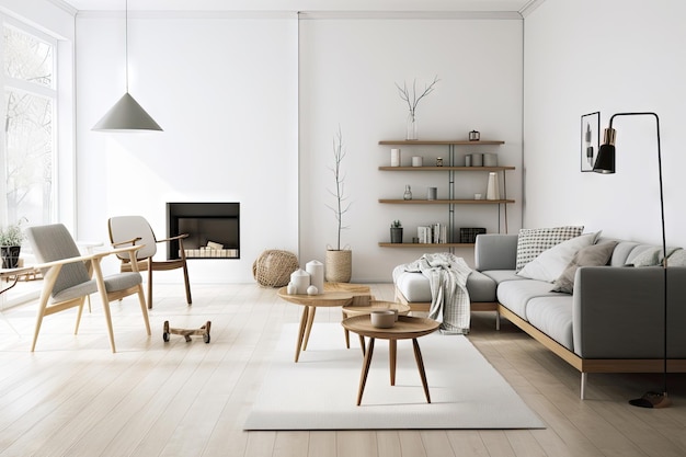 Soggiorno scandinavo con mobili eleganti e decorazioni minimaliste create con l'IA generativa