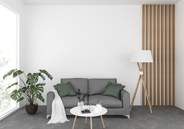 Soggiorno scandinavo con un divano grigio, mockup muro bianco, display arte della parete