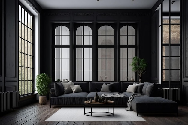 Soggiorno scuro con divano in pelle nera e finestra panoramica IA generativa