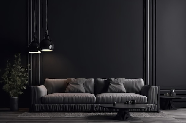 Soggiorno scuro in stile moderno con lampada e pianta del divano