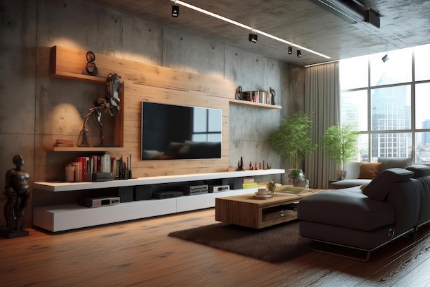 Soggiorno tv led su muro di cemento con tavolo in legno mobili moderni in stile loft moderno