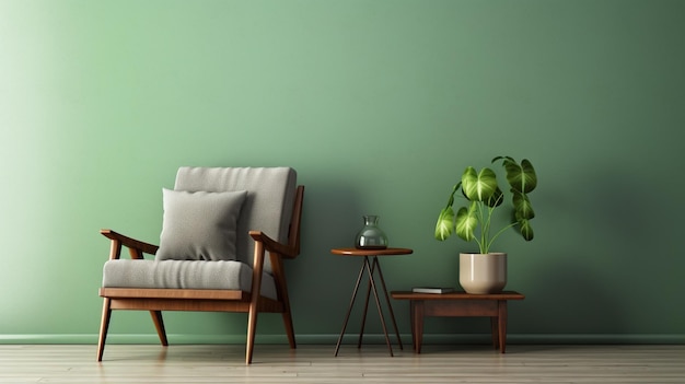 soggiorno verde vuoto con pianta verde sul muro