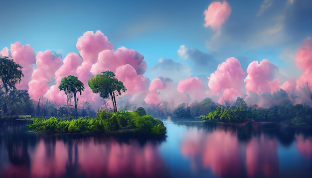 Sogna un bellissimo paesaggio con un'isola collinare contro soffici nuvole rosa