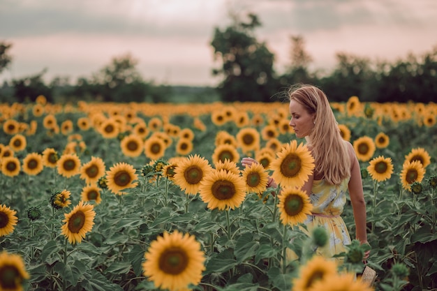 Sognando la giovane donna in abito giallo che tiene i fiori con le mani in un campo di girasoli in estate, vista dalla schiena. Guardando di lato. copia spazio