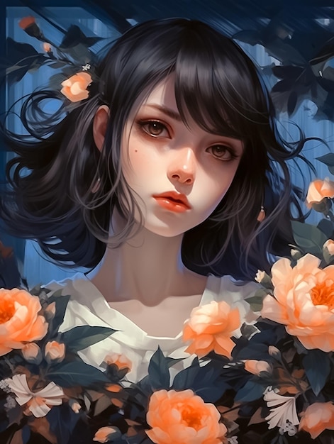 Sognante ed etereo Ritratto di una bellissima ragazza con fiori arancioni e farfalle Ai Generato
