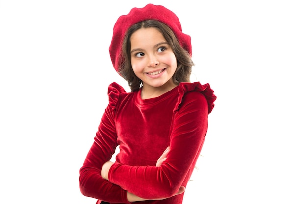 Sognare una vacanza francese Ragazza felice Bambino in stile francese Ragazza parigina con berretto Ritratto di moda ragazza carina indossare cappello alla moda Negozio di abbigliamento Accessori fantasia Concetto di moda Bambino alla moda