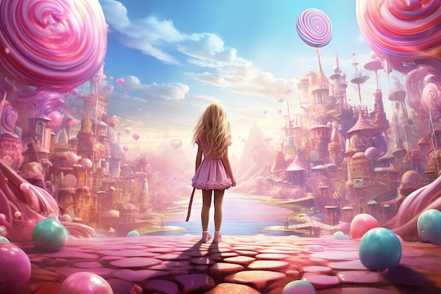 Sogni d'infanzia Vista posteriore di una giovane ragazza in Candy Land Wonderland IA generativa