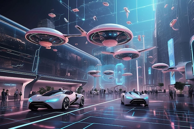 Sogni decentralizzati Un'occhiata futuristica a una società basata sulla blockchain con auto volanti, display olografici e innovazione digitale