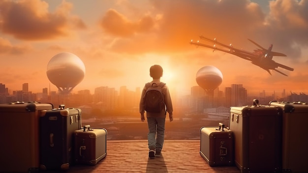 Sogni di viaggio Bambino che vola su una valigia sullo sfondo di un tramonto