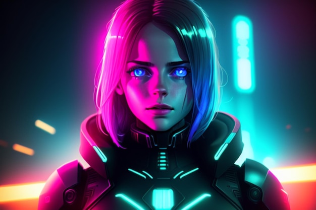 sogno distopico di ragazza cyborg città futura distopica illuminata da luci al neon sfondo neono