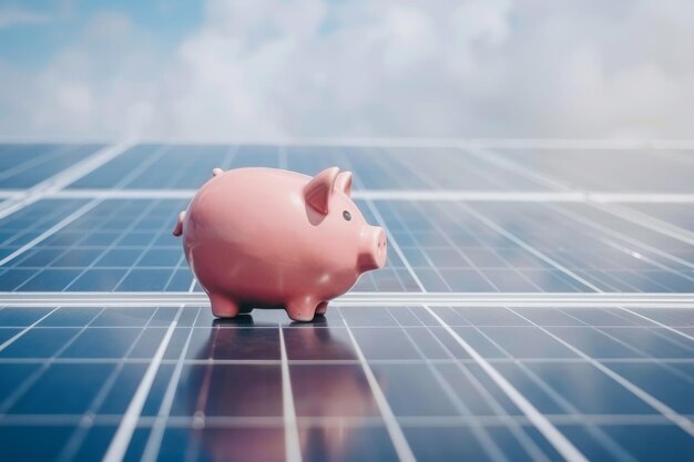 Solari risparmio di denaro un porcellino banca cassa su un pannello solare