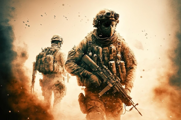 Soldati armati con esplosioni sullo sfondo