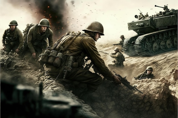 Soldati che combattono in una guerra di trincea con carri armati e pistole Illustrazione digitale AI
