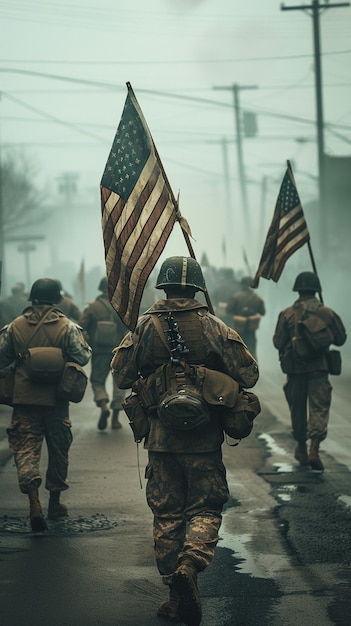 soldati che marciano nella nebbia