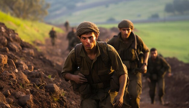 Soldati dell'IDF con un berretto viola che corrono su una collina con una faccia arrabbiata mentre i proiettili d'artiglieria atterrano