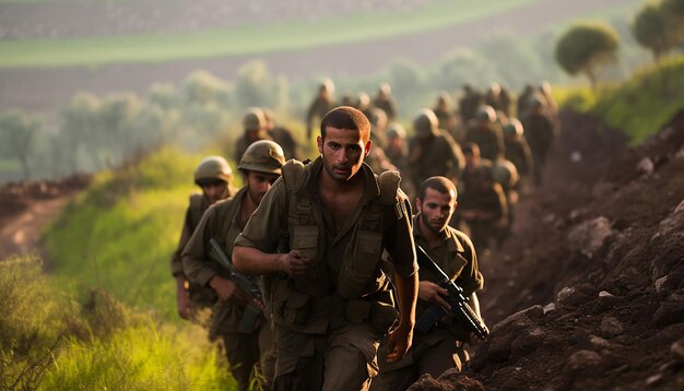 Soldati dell'IDF con un berretto viola che corrono su una collina con una faccia arrabbiata mentre i proiettili d'artiglieria atterrano