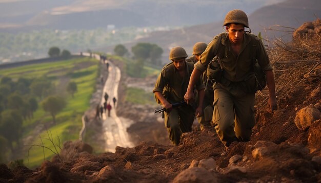 Soldati dell'IDF con un berretto viola che corrono su una collina con una faccia arrabbiata mentre i proiettili d'artiglieria atterrano