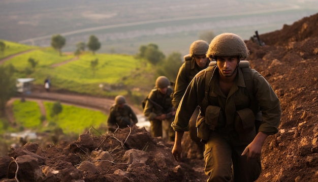 Soldati dell'IDF con un berretto viola che corrono su una collina con una faccia arrabbiata mentre i proiettili d'artiglieria atterrano