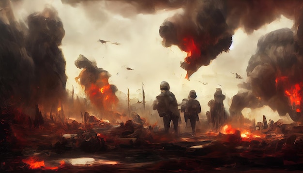 Soldati dopo la guerra nel campo di battaglia Arte Digitale Illustrazione Pittura