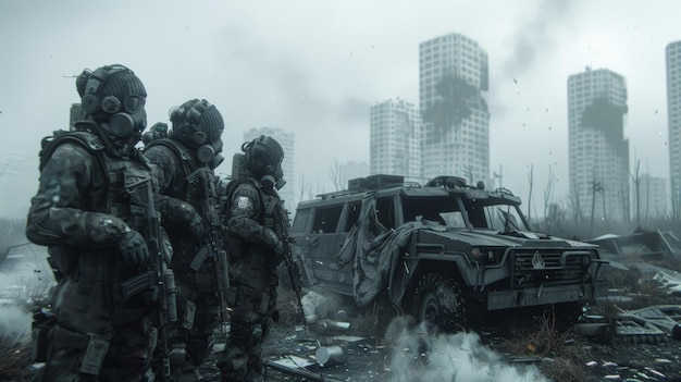 Soldati futuristici con maschere antigas in mezzo al decadimento urbano