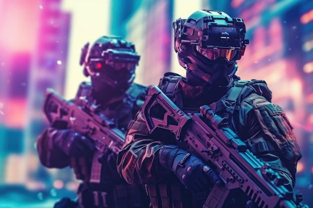 Soldati futuristici delle forze speciali Ritratto del guerriero cyberpunk su sfondo chiaro al neon