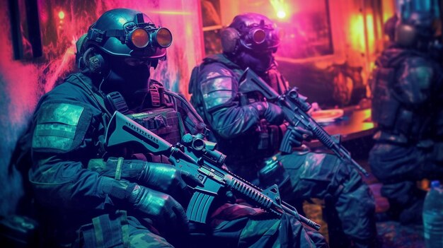 Soldati in uniforme mimetica siedono in una stanza buia con una luce rosa dietro di loro.