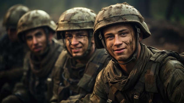 Soldati sorridenti posano per la foto dopo l'addestramento di uomini in uniforme moderna nella foresta Ritratto di un gruppo di uomini militari felici con facce sporche Concetto di guerra esercito giovani camuffamento Generativa AI